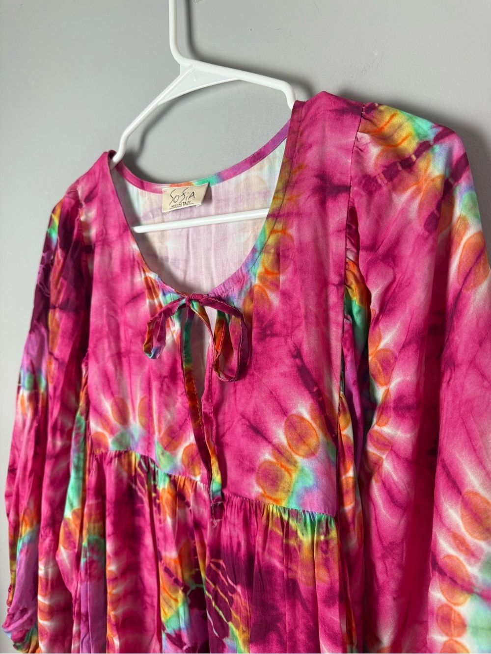 Sofia Made In Italy Womens Long Balloon Sleeve Maxi Tie Front Dress Tie Dye Boho